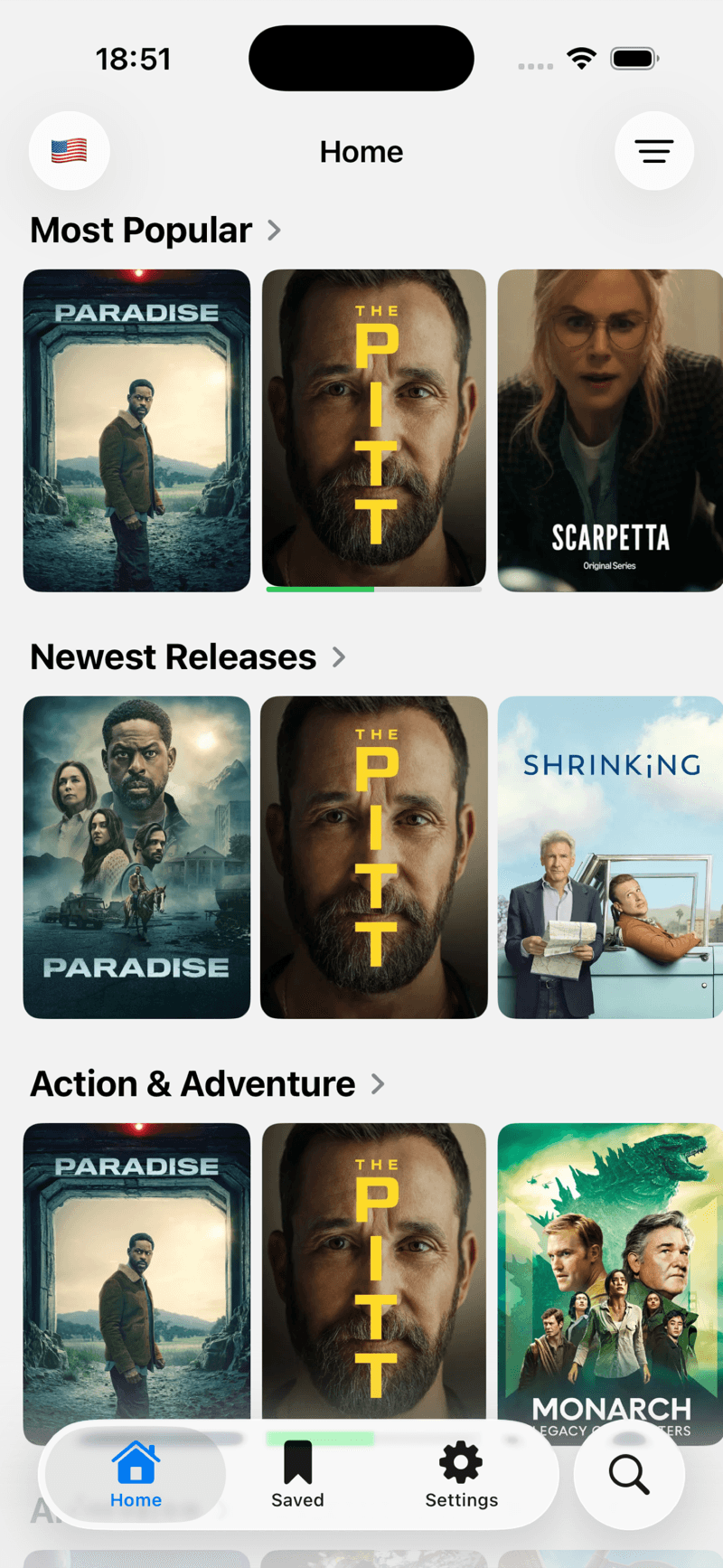 Pantalla de inicio de AltaPeli con rieles de pósters